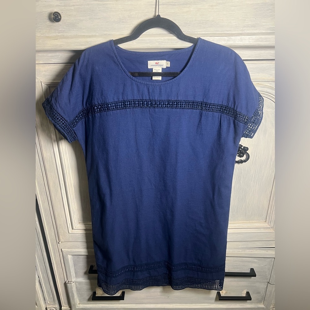Vineyard Vines Navy Cotton Crochet Lace Detail Shift Dress Preppy Resortwear
